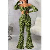 Lovely Casual Leopard Print Green Two-piece Pants 