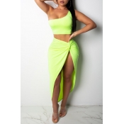 Lovely Sexy One Shoulder Side High Slit Green Two-