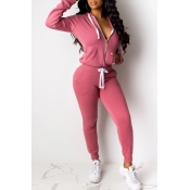 Lovely Casual Zipper Design Rose Red Two-piece Pan