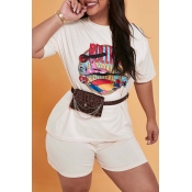 Lovely Casual Print Khaki Plus Size Two-piece Shor