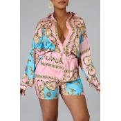 Lovely Casual Print Pink Two-piece Shorts Set