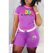 Lovely Stylish Print Purple Two-piece Shorts Set