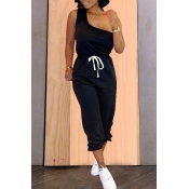 LW Casual One Shoulder Lace-up Black Two-piece Pan