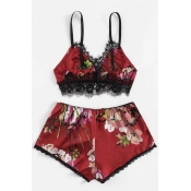 Lovely Sexy Print Wine Red Sleepwear