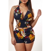 Lovely Bohemian Floral Print Dark Blue Two-piece S