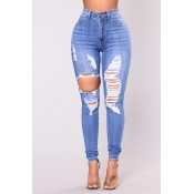 Lovely Casual Broken Holes Baby Blue Jeans