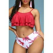Lovely Print Mid Waist Red Two-piece Swimsuit