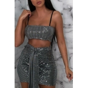 Lovely Sexy Lace-up Silver Two-piece Skirt Set