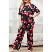 Lovely Casual Print Black Plus Size Two-piece Pant
