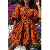 Lovely Casual Print Orange Knee Length Dress