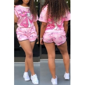Lovely Casual Cartoon Print Pink Two-piece Shorts 