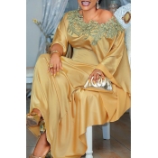 Lovely Casual Patchwork Gold Maxi Plus Size Dress