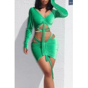 Lovely Sexy Fold Design Green Two-piece Skirt Set