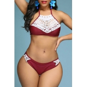Lovely Lace Patchwork Purplish Red Two-piece Swims