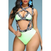 Lovely Letter Print Green Two-piece Swimsuit