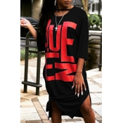 Lovely Casual Letter Print Black Knee Length T-shi