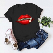 Lovely Casual Lip Print Black Plus Size T-shirt