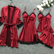 Lovely Leisure Lace Patchwork Wine Red Sleepwear