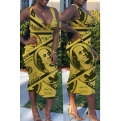 Lovely Stylish V Neck Print Yellow Mid Calf Dress