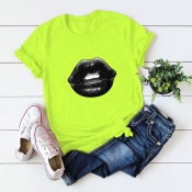 Lovely Casual O Neck Lip Print Green Plus Size T-s
