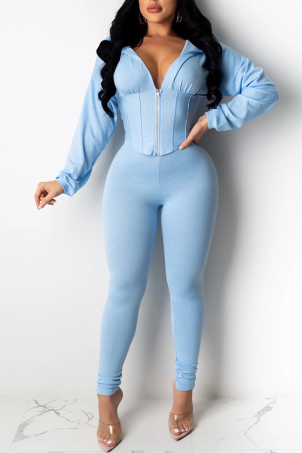 

Lovely Trendy Zipper Design Blue Two-piece Pants Set