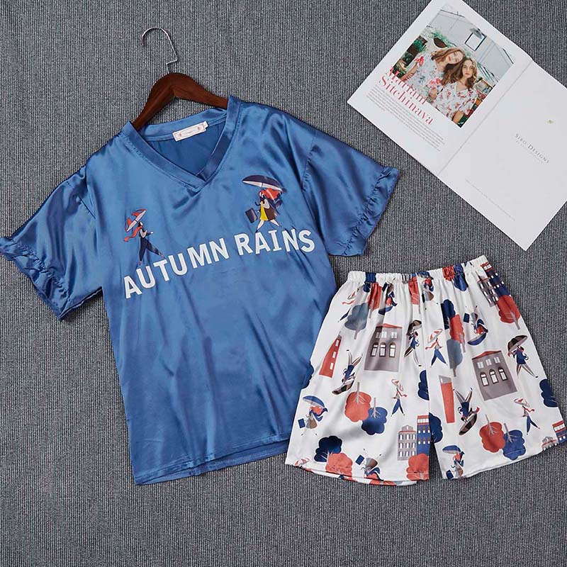 

Lovely Casual Cartoon Print Blue Sleepwear