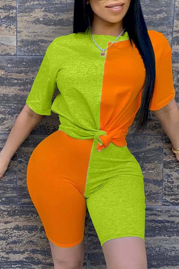 

Lovely Casual O Neck Patchwork Orange Two-piece Shorts Set