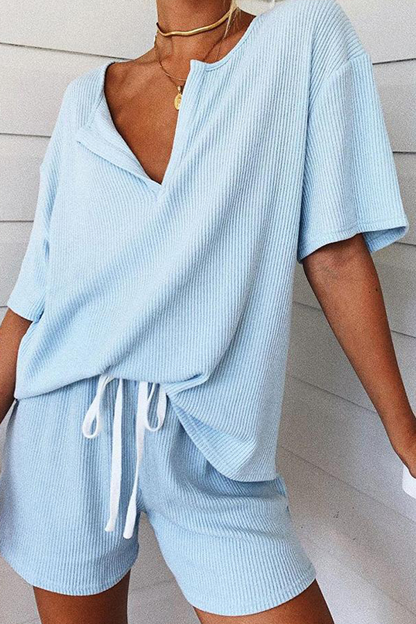 

Lovely Casual Lace-up Skyblue Two-piece Shorts Set