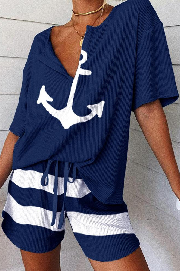 

Lovely Leisure Print Blue Two-piece Shorts Set