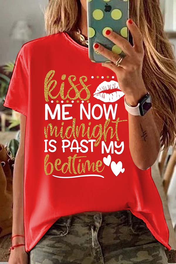 

Lovely Leisure O Neck Letter Print Red Plus Size T-shirt