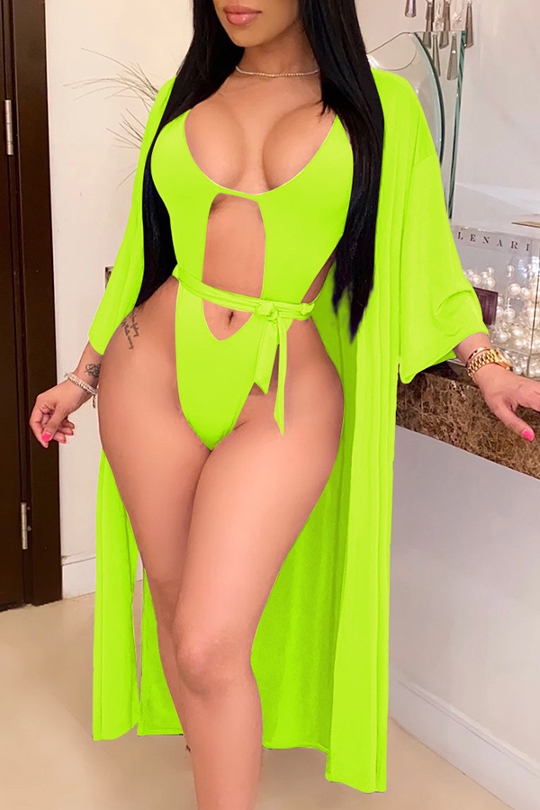 

Lovely Cut-Out Green One-piece Swimsuit(With Cover-Up