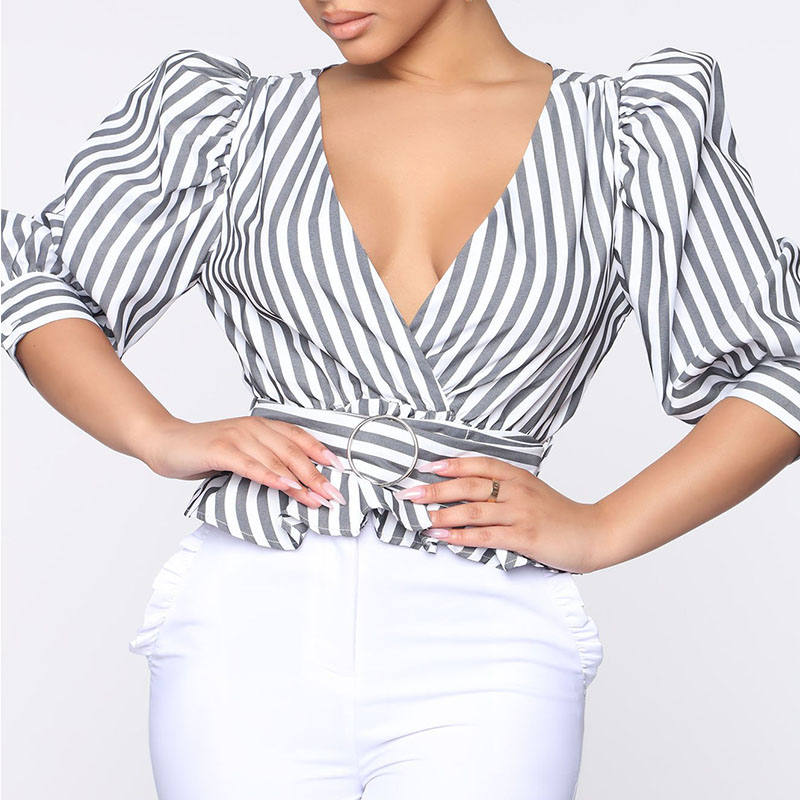 

Lovely Stylish V Neck Striped Grey Blouse, Gray stripe