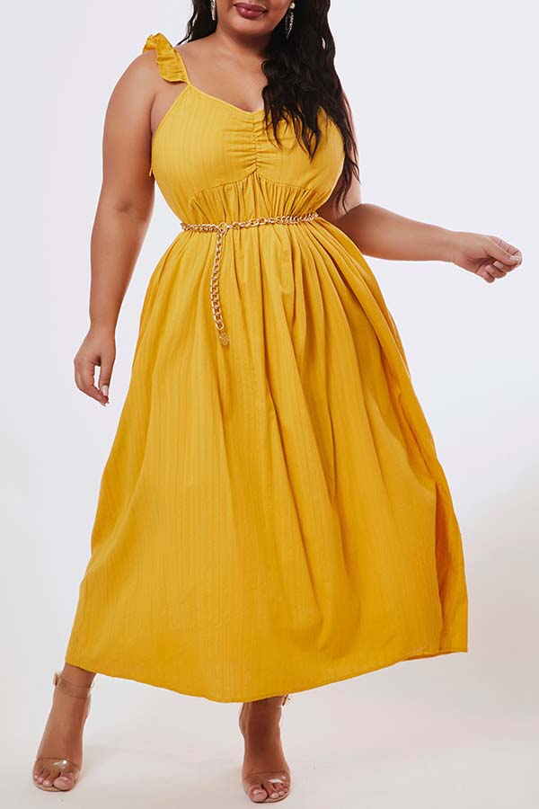 

Lovely Trendy Flounce Design Yelllow Ankle Length Plus Size Dress, Yellow
