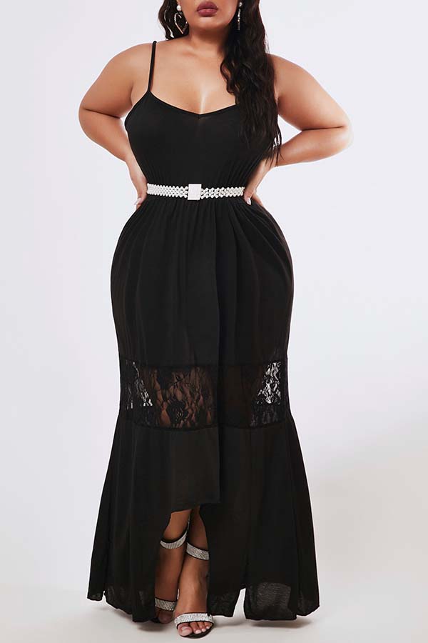 

Lovely Sexy Lace Patchwork Black Maxi Plus Size Dress