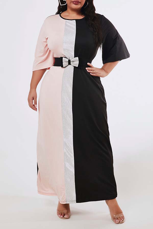

Lovely Casual O Neck Patchwork Black Ankle Length Plus Size Dress