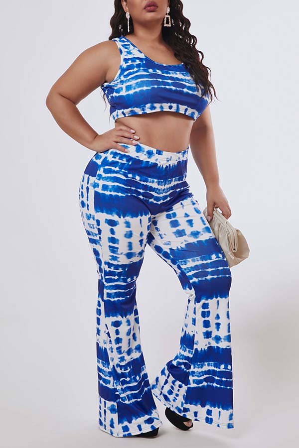 

Lovely Trendy Print Blue Plus Size Two-piece Pants Set