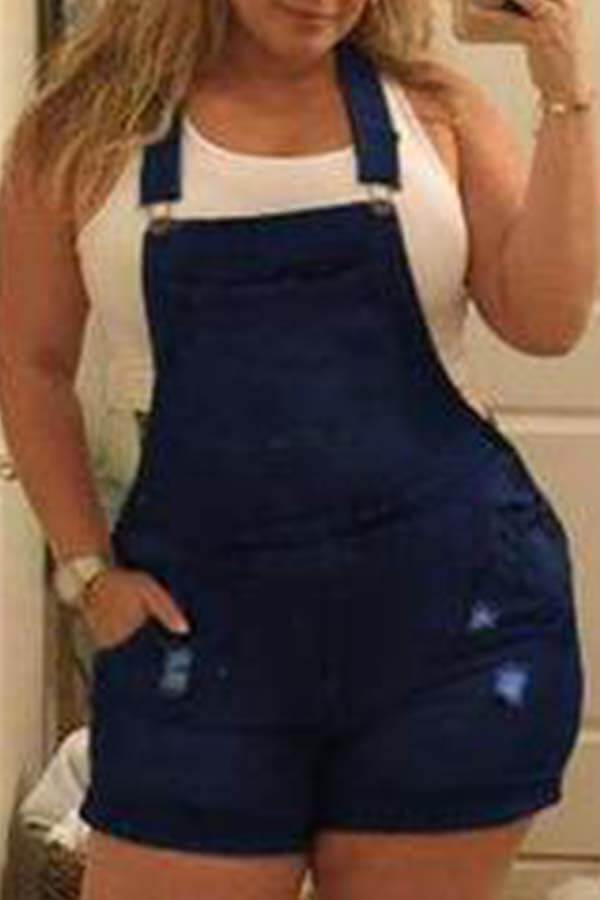 

Lovely Trendy Buttons Design Deep Blue Plus Size Two-piece Shorts Set