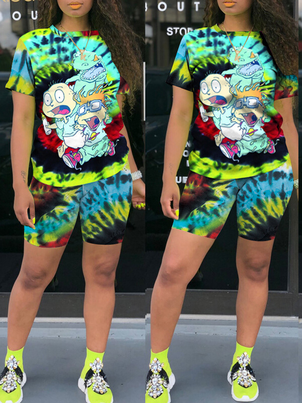 Lovely Casual Cartoon Print Black Two-piece Shorts Set