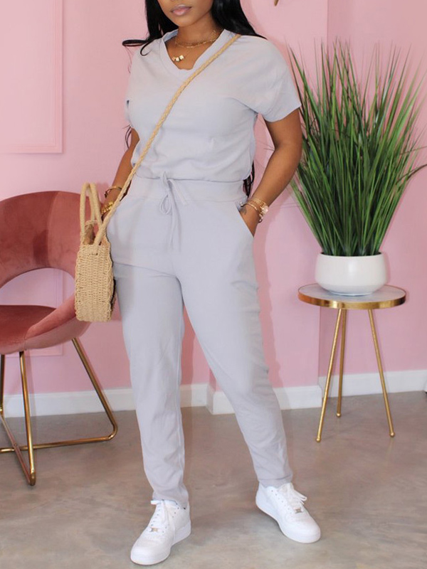 

Lovely Sportswear V Neck Lace-up Grey Two-piece Pants Set