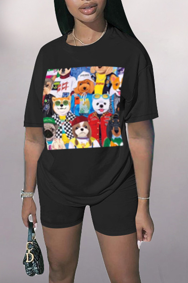 

Lovely Leisure Cartoon Print Black Two-piece Shorts Set