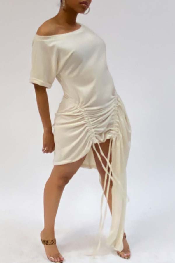

Lovely Trendy Fold Design Asymmetrical White Mini Dress