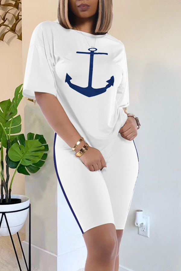 

Lovely Casual O Neck Print White Two-piece Shorts Set