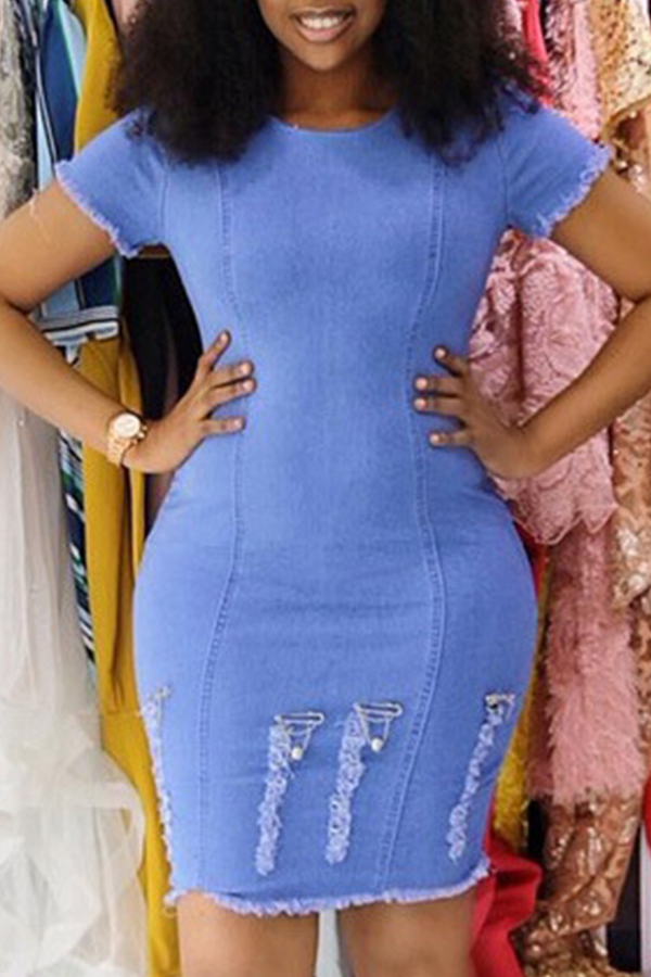 

Lovely Casual O Neck Broken Holes Baby Blue Mini Dress