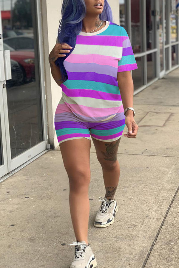 

Lovely Casual Striped Purple Two-piece Shorts Set