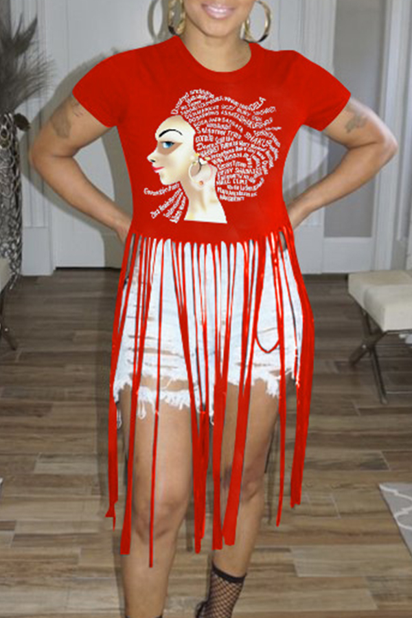 

Lovely Trendy O Neck Tassel Design Red T-shirt