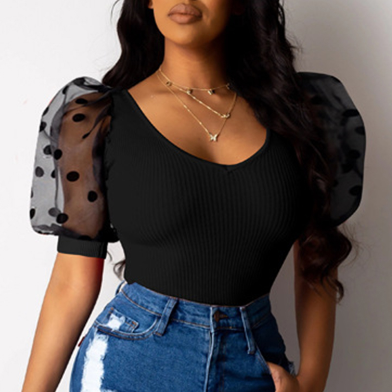 

Lovely Sweet O Neck Patchwork Black T-shirt