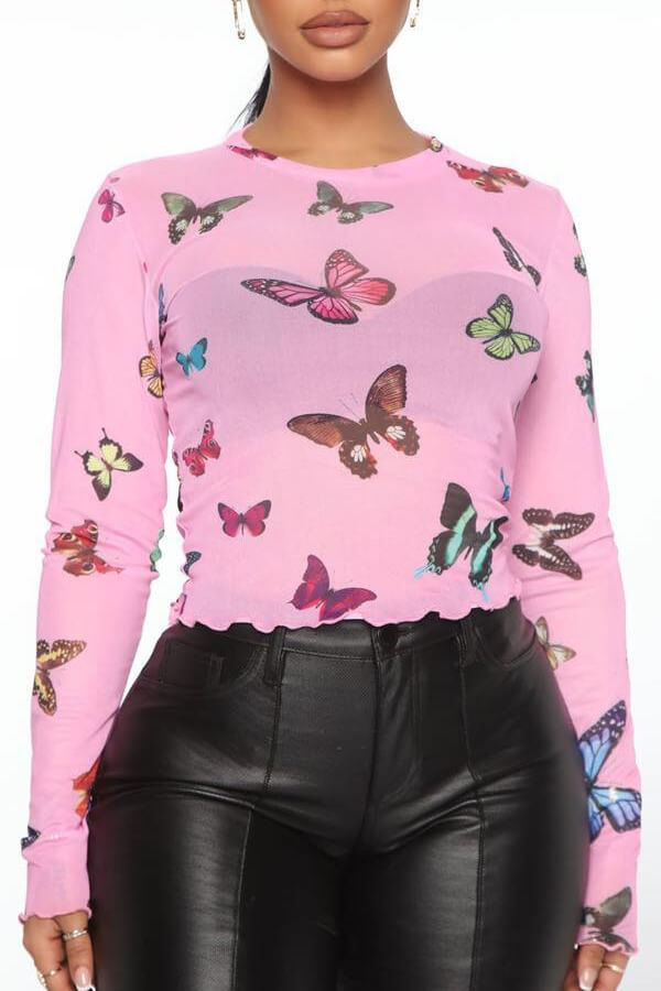 

Lovely Trendy Butterfly Print Pink Base Layer