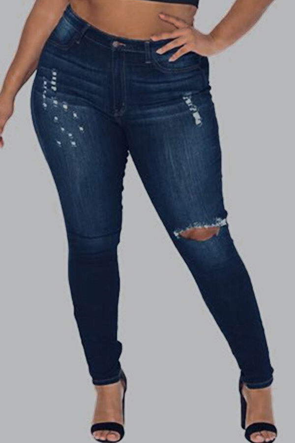 

Lovely Casual Hollow-out Navy Blue Plus Size Jeans