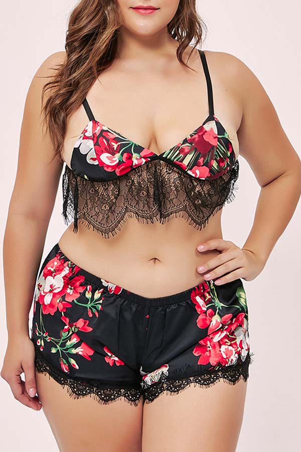 

Lovely Sexy Print Black Plus Size Sleepwear