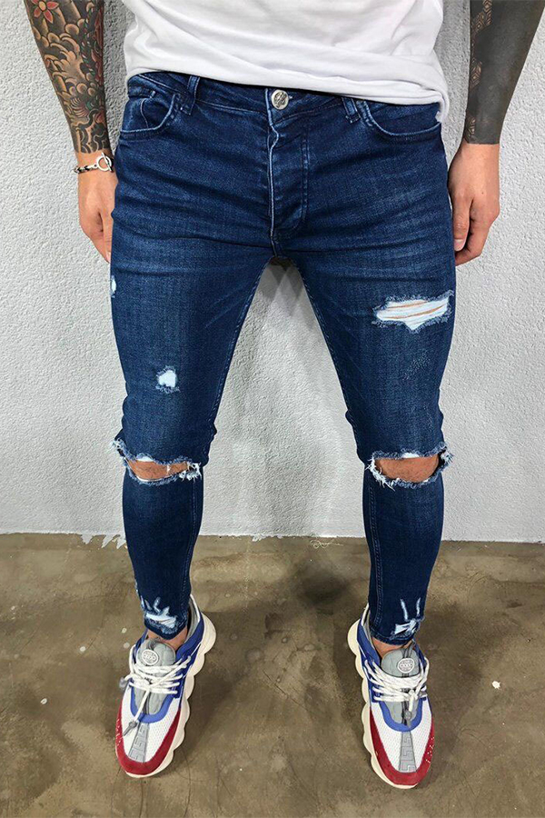 

Men Lovely Trendy Hollow-out Deep Blue Jeans